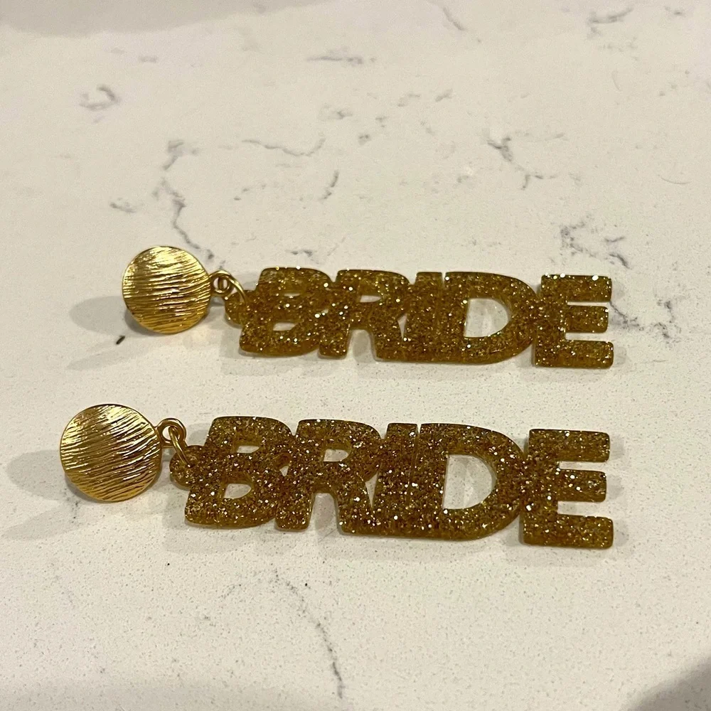 Bride gold sparkly dangle ear rings‎ bridal shower earrings large size